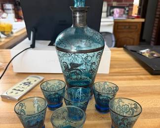 Hand Blown Bourbon Decanter and six glasses from Venice Italy