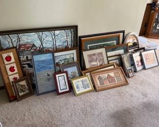 Array of framed photos, pictures, artwork, decor