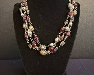 TripleStrand Garnet Faux Pearl Necklace with Sterling Silver Garnet Clasp