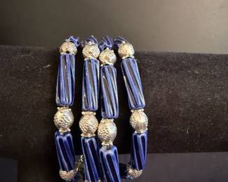 Sterling Silver Lapis Cabochon Blue Glass MultiStrand Bracelet
