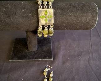 Sterling Silver Peridot MultiStrand Bracelet with Simulated Pearl Accents And Matching Earrings
