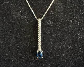 14K White Gold Oval Sapphire Diamond Pendant Necklace 2.78g