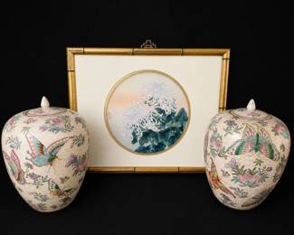 Chinese Covered Jars HungChu Lee Signed Silk Floral Painting Decorative Asian grouping featuring
