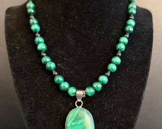Malachite Onyx Beaded Necklace with 925 Sterling Silver Pendant