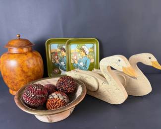 Rustic Decorative Accents with Ginger Jar, Vintage Advertising Trays Swan Decoys Eclectic decorat