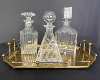 Baccarat Orrefors Crystal Decanters with Mottahedeh Brass Gallery Tray