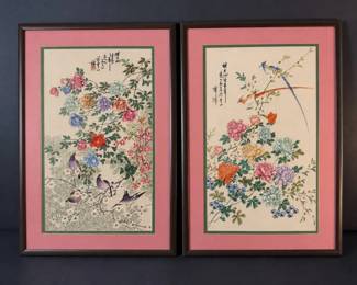 Pair of Framed Asian Floral Bird Prints