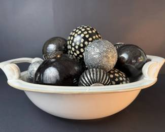 Decorative Black Silver Gold Ornament Collection with White Ceramic Display Bowl