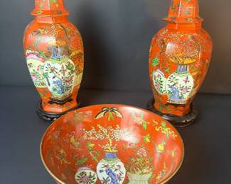 Chinese Famille Rose Style Porcelain Garniture Set with Lidded Vases Bowl Decorative Chinesestyl