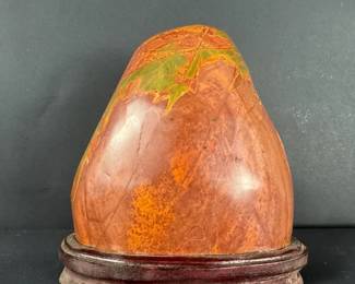 Polished Natural Stone Specimen Jasper Display on Carved Wood Stand Approx. 7 Inches