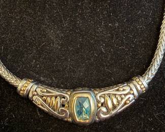 SilverTone Costume Necklace with BlueGreen Faceted Center Stone