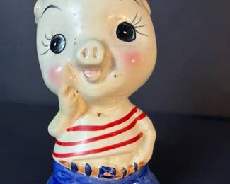 Vintage Ceramic Sailor Pig Coin Bank with Mystery Coins Inside