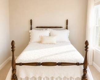 Antique Dark Wood FourPoster Bed, Dresser, Mirror, Bedding Accent Chair