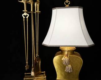 Vintage Brass Fireplace Tool Set with Bird Handles Coordinating Brass Table Lamp