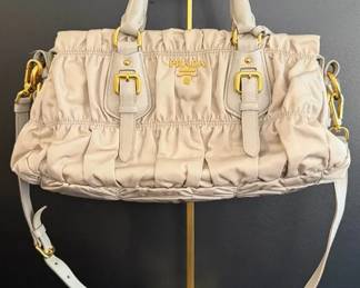 Authentic Prada Beige Ruched Nylon Gaufre Handbag with Shoulder Strap