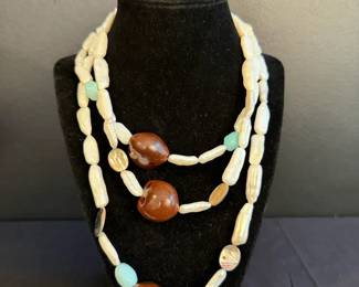 ThreeStrand Freshwater Pearl, Kukui Nut Amazonite Necklace