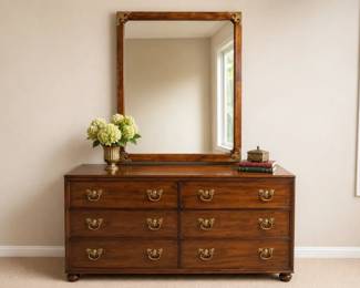 Vintage AsianInspired Walnut Dresser with Brass Hardware Matching Mirror