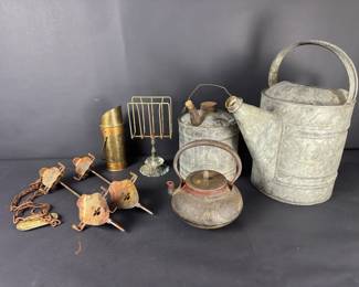Antique Primitive Metalware Lot Galvanized Watering Can, Cast Iron Kettle, Ice Skates