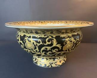 Decorative Black Gold Porcelain Pedestal Bowl with Ornate Floral Scroll Design