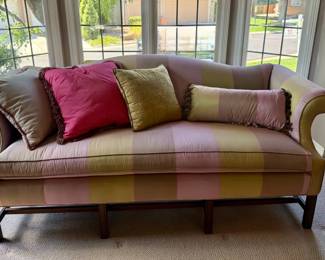 Pastel Striped Upholstered Sofa with Rolled Arms Accent Pillows