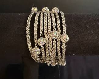 Sterling Silver 8Strand Wheat Chain Bracelet with Rhinestone Beads Marquise CZ Accents