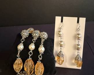 TripleStrand Faceted Citrine Simulated Pearl Bracelet with Matching Earrings
