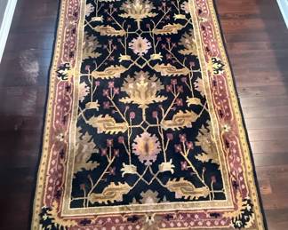 Floral Area Rug with Black Field Burgundy Border