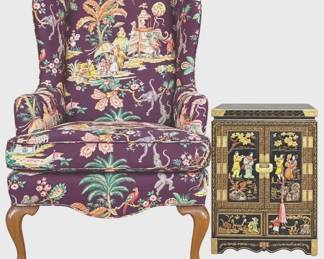 Vintage Chinoiserie Wingback Chair Black Lacquer AsianStyle Cabinet