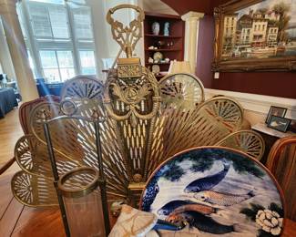 Vintage Brass Peacock Fireplace Screen