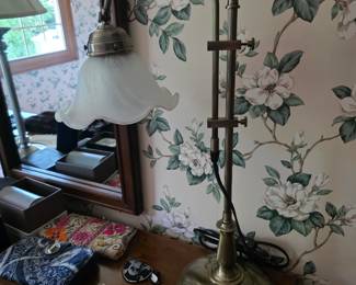 Art Nouveau style adjustable brass table lamp featuring an opaline frosted glass tulip shade