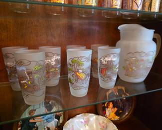 Currier Ives Frosted Pitcher w Glasses