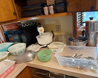 PYREX, VINTAGE MIXER, SILVERWARE AND MORE