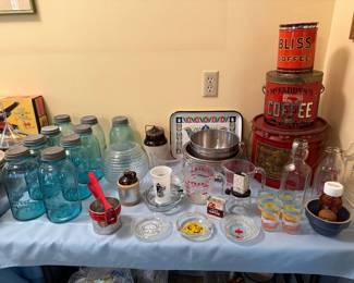 BLUE CANNING JARS, COFFEE TINS AND MORE