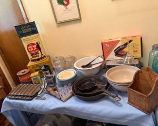 TONS OF KITCHENWARE, GRISWOLD PANS, VINTAGE TOBACCO & COFFEE TINS