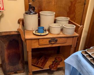 WASHSTAND, CROCKS, LARGE WOODEN BOWL & MORE