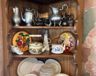 Corner Cabinet, Pewter Tea Pots, and Dishes