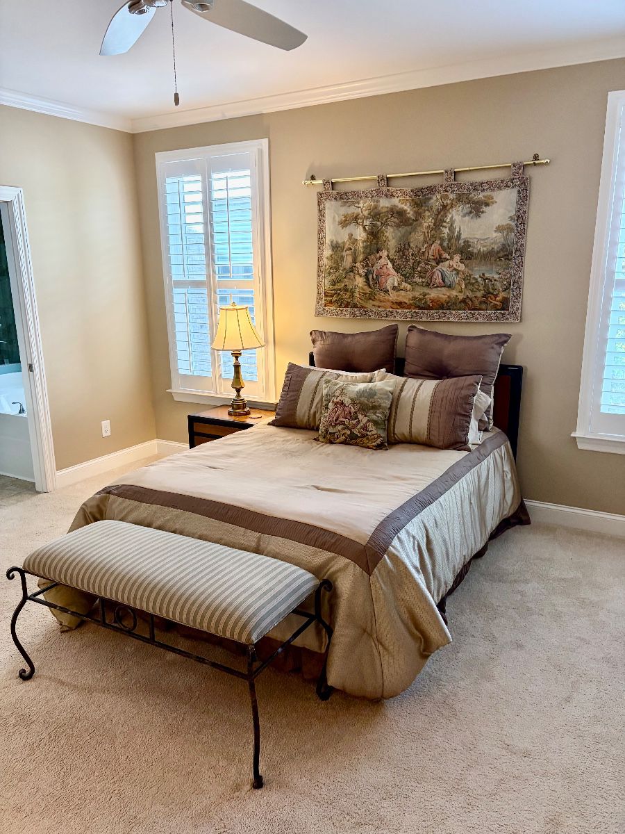 Asian inspired black, wood and gold  four piece bedroom suite, vintage Mount Airy Furniture; iron bench, silk bedding, tapestry wall hanging