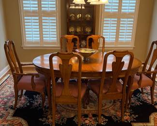 Dining room table, 6 chairs, 2 leaves, pads; Aubusson rug; Davis Cabinet
