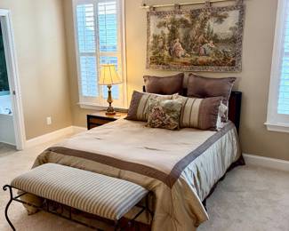 Asian inspired black, wood and gold  four piece bedroom suite, vintage Mount Airy Furniture; iron bench, silk bedding, tapestry wall hanging