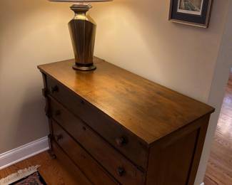 Antique 4 drawer dresser -one hidden; brass lamp; 19th century Boston prints
