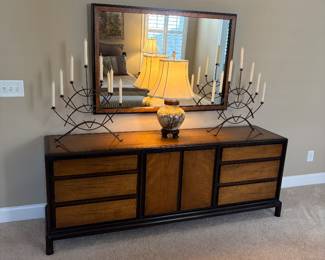 Mount Airy Furniture; vintage, Asian inspired dresser and mirror. Asian lamp; large wrought iron candelabra