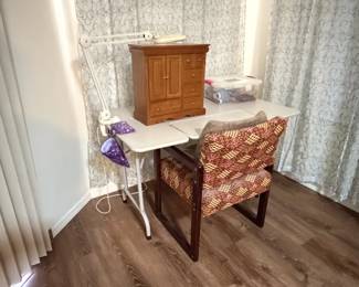 Crafting table, tabletop jewelry armoire, lamp, chair