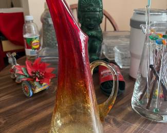 vintage Kanawha amberina crackle glass swung ewer vase