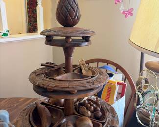 VTG 3 Tier Monkey Pod Pineapple Lazy Susan Party Tray Tiki