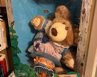 vintage 1986 Hattie Furskin "Hat-Lovin' Pie-Baker" plush teddy bear in its original box, manufactured by Coleco