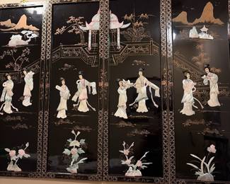 vintage Asian black lacquer wall panels