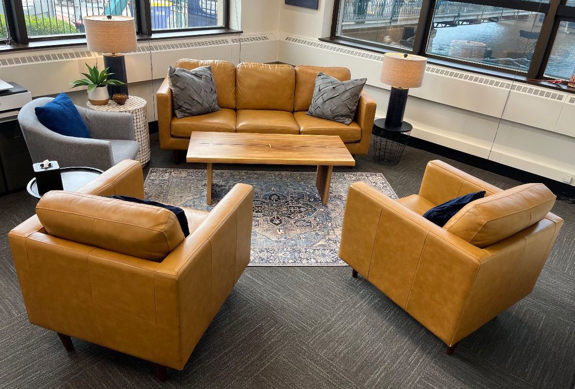 One of 12 rooms containing modern furniture and decor.