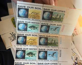 1970 U.S. 6¢ Environmental Conservation “Save Our” Commemorative Stamp Plate Block – Save Our Soil, Save Our Cities, Save Our Water & Save Our Air – Mint Multiples with Plate Numbers.