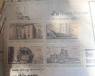 1971 U.S. Historic Preservation 8¢ Commemorative Stamp Set – Mint Se-Tenant Block of 4 – Decatur House, Charles W. Morgan, San Francisco Cable Car & San Xavier del Bac Mission – Vintage Americana