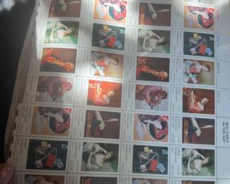 1974 U.S. Universal Postal Union Centennial 10¢ Commemorative Stamp Sheet, featuring eight historic artworks celebrating international letter writing, with plate numbers.